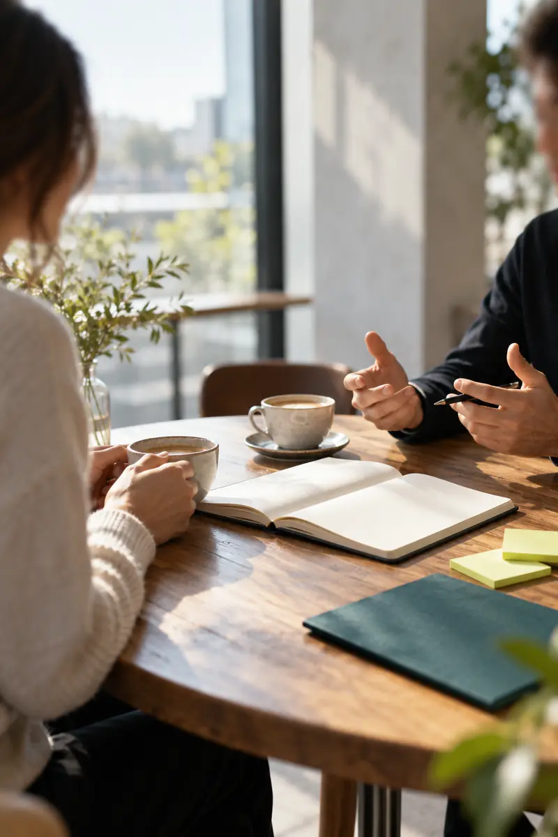 Dos personas conversan en una mesa pequeña con café y una libreta