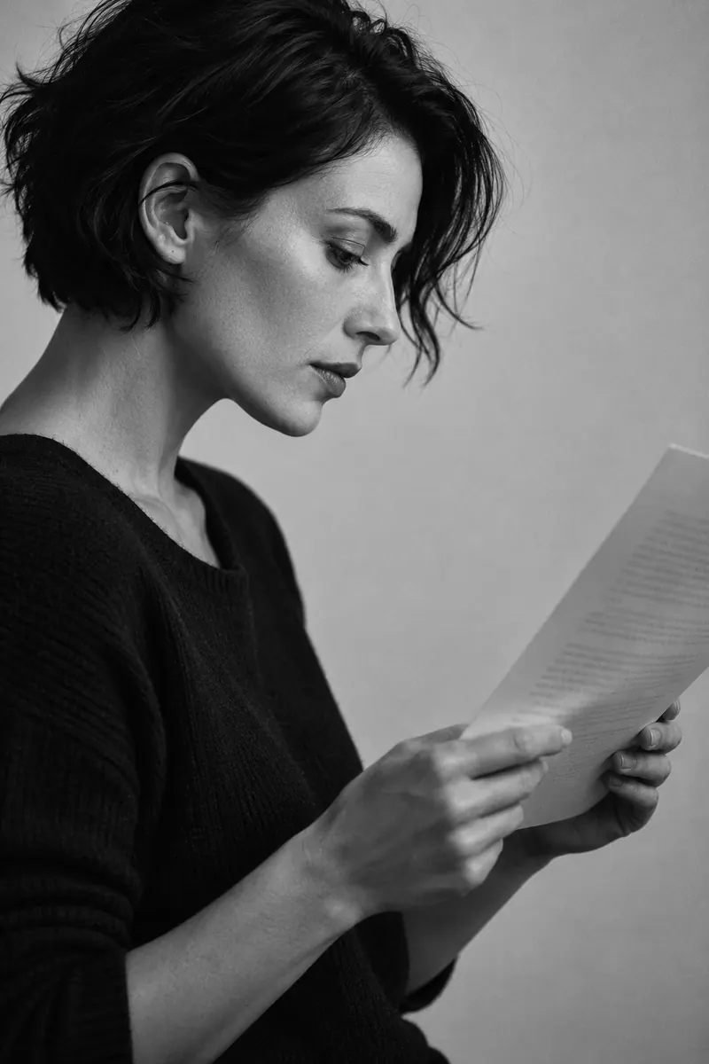 Retrato en blanco y negro de una mujer leyendo una hoja impresa